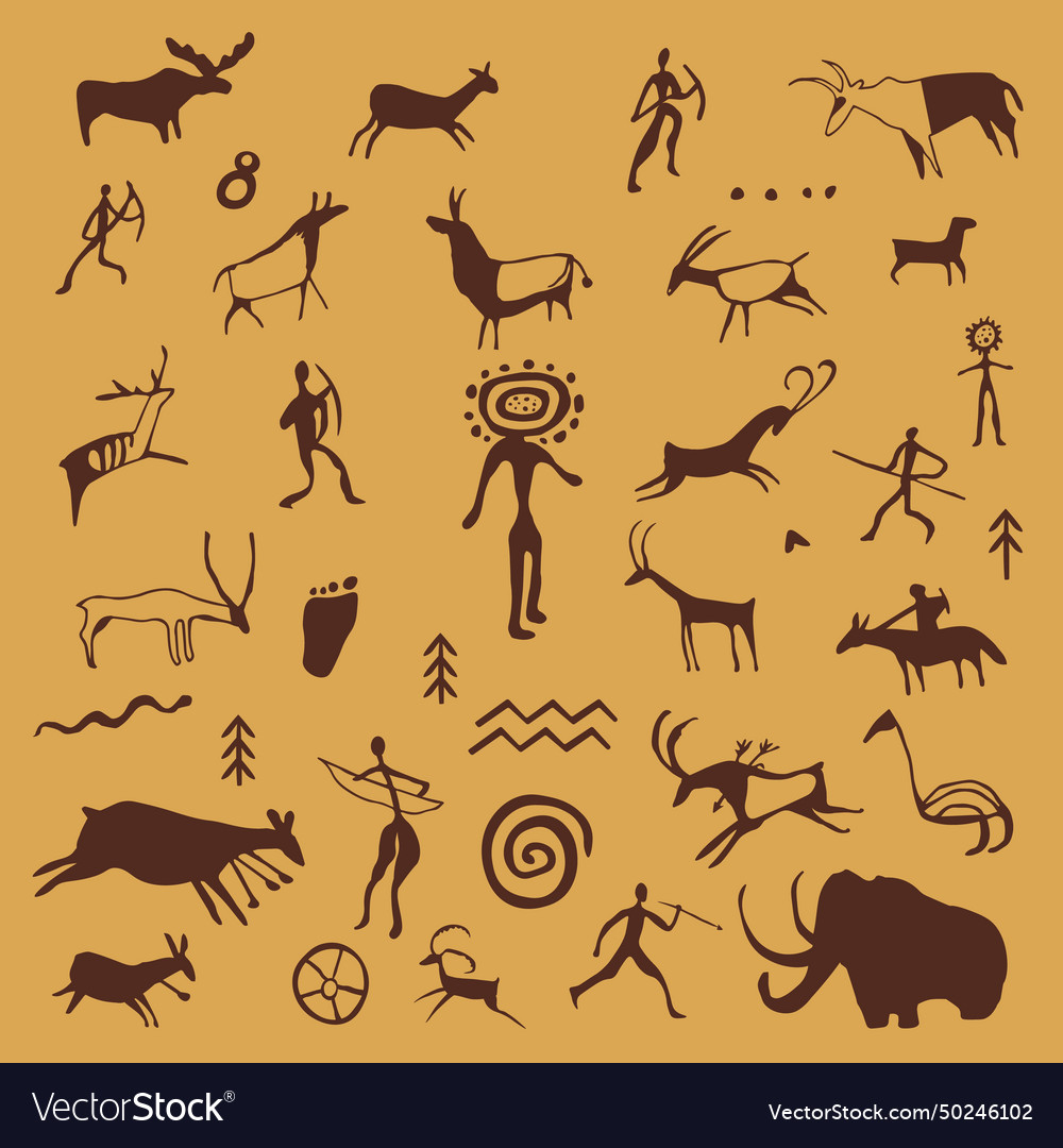 Cave rock painting caveman drawings petroglyph Vector Image