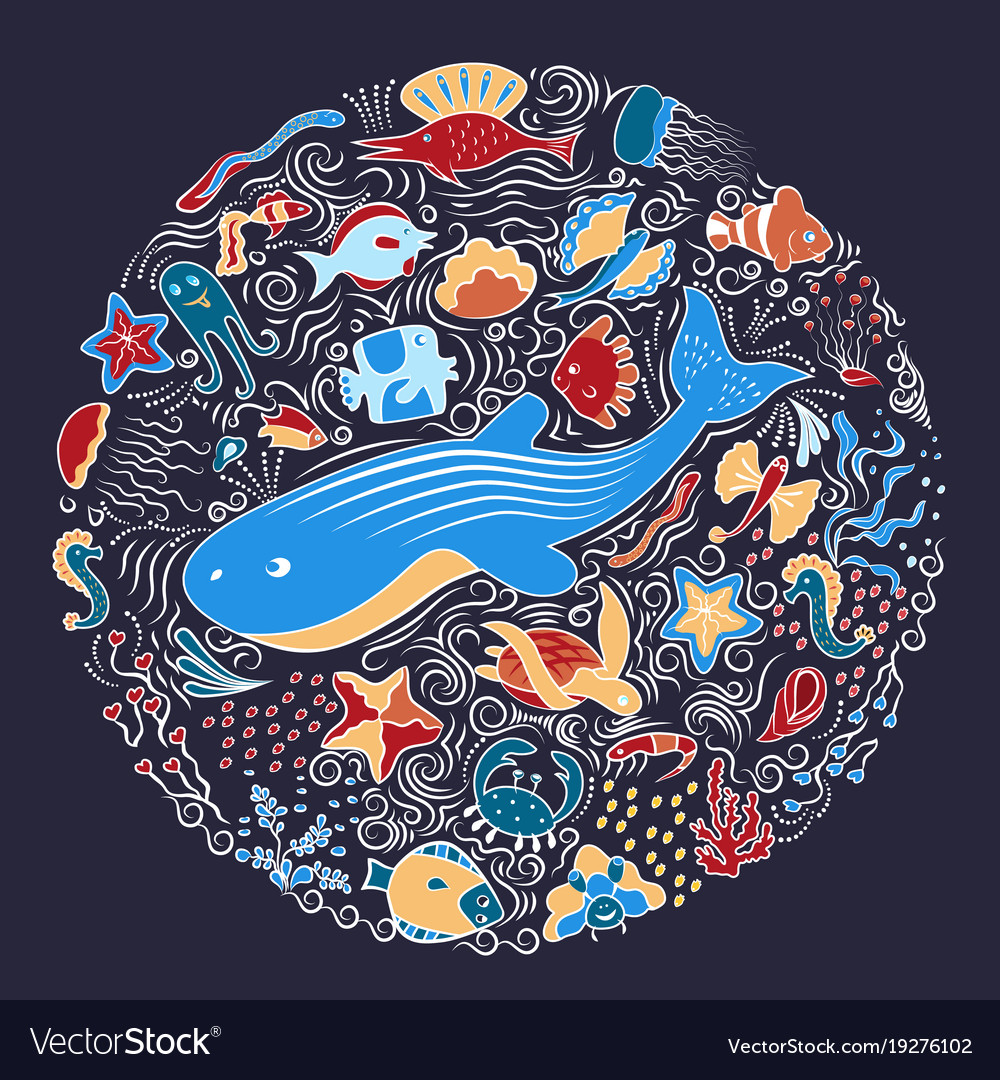 Circular ornament from sea animals fish