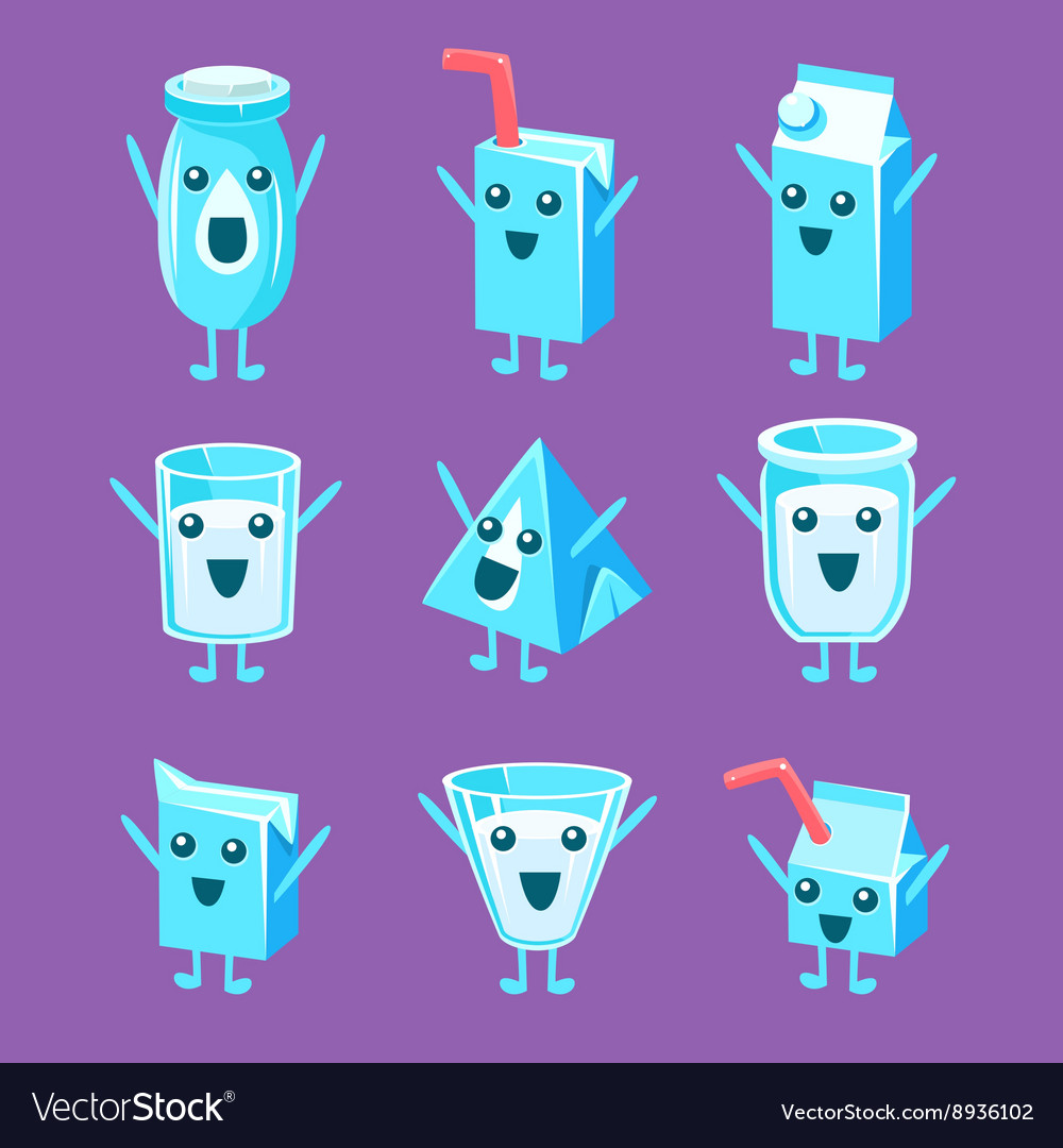 Milk container character set Royalty Free Vector Image