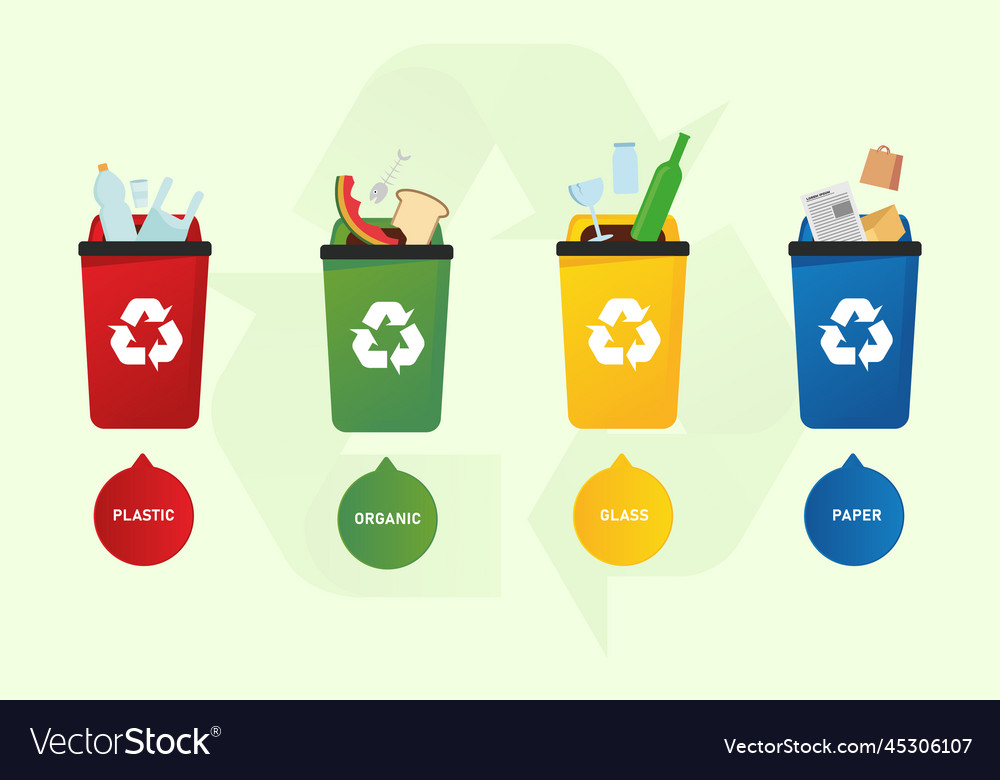 4 trash cans with sorted garbage ecology vector image 4 trash cans with sorted garbage ecology