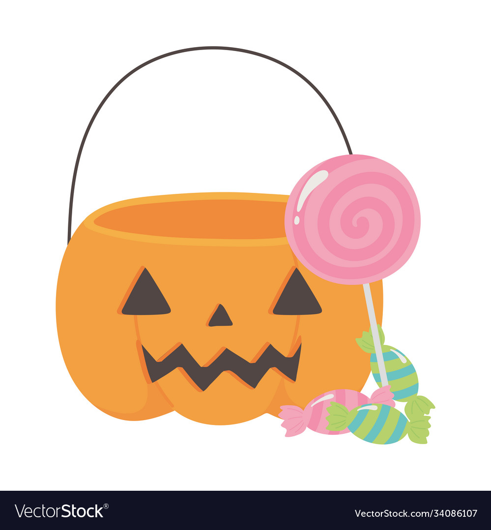 Happy halloween pumpkin shaped bucket with candies