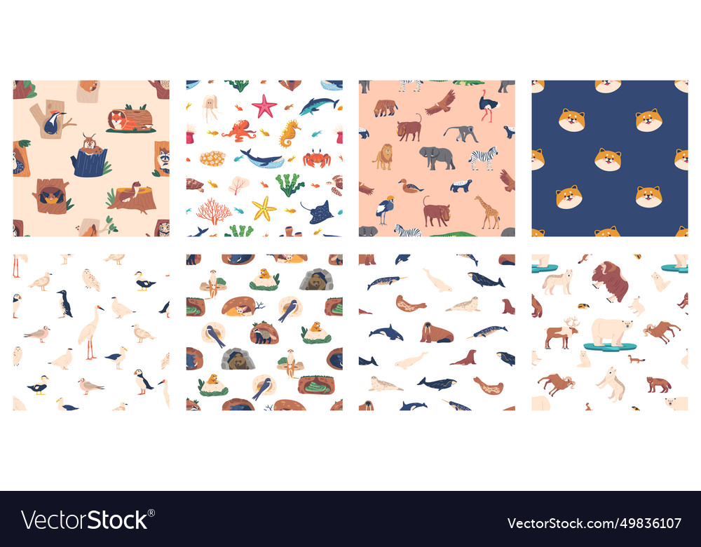 Seamless patterns with different animals and birds