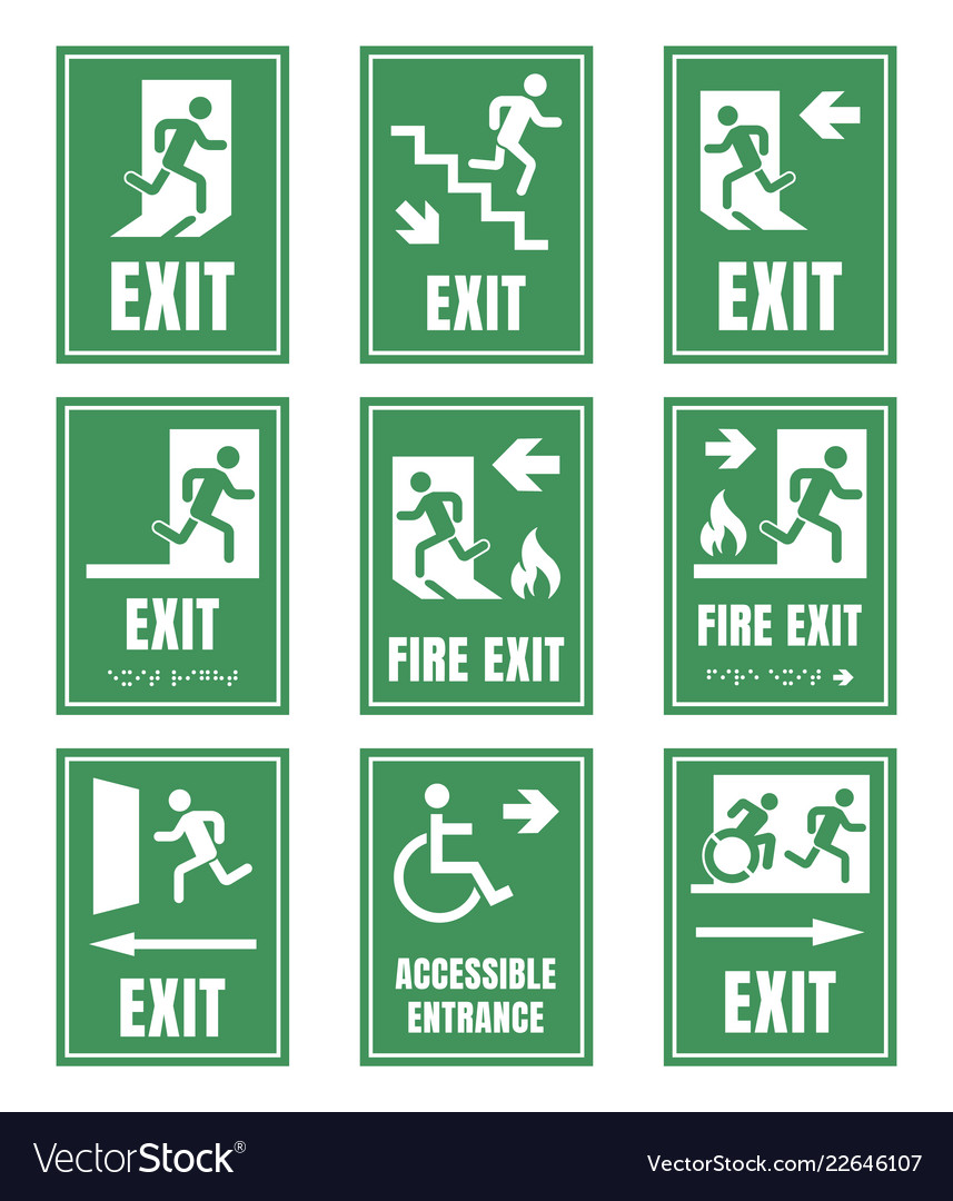 Set emergensy exit signs fire exit labels Vector Image