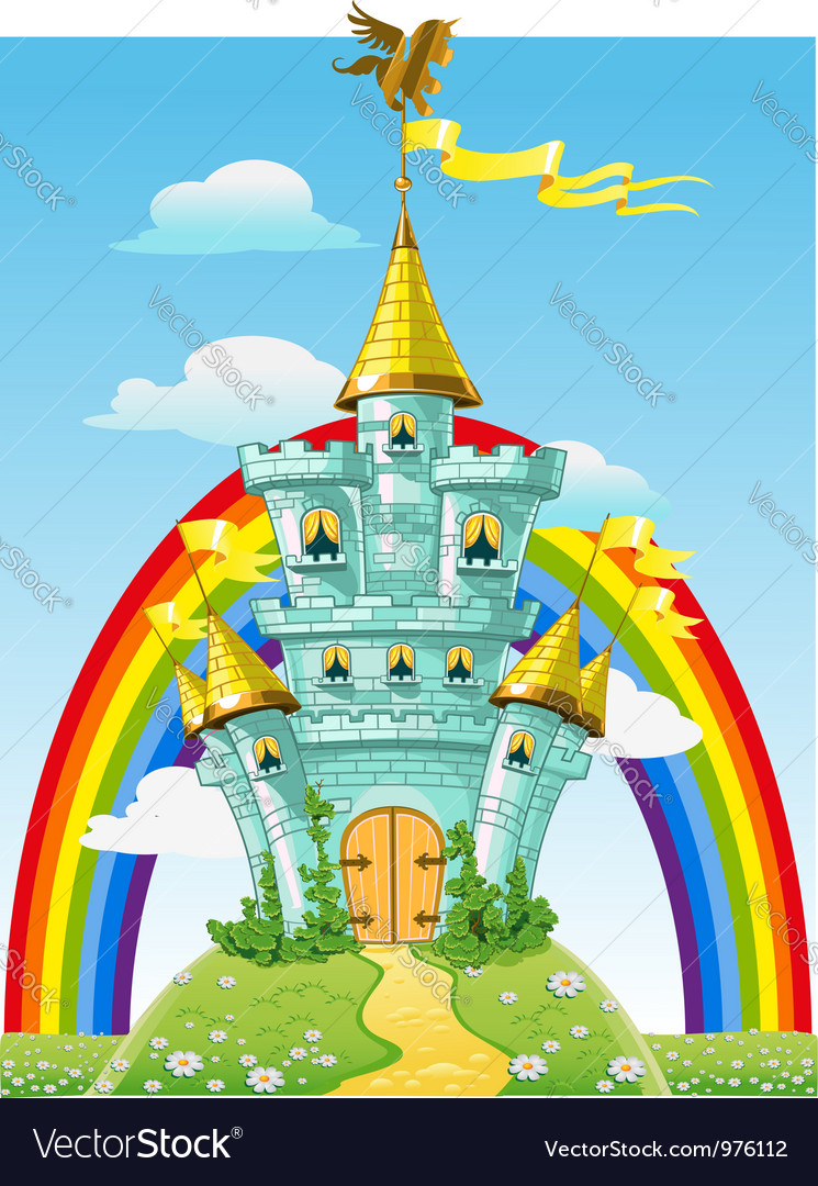 Blaues Schloss mit Regenbogen und Flaggen