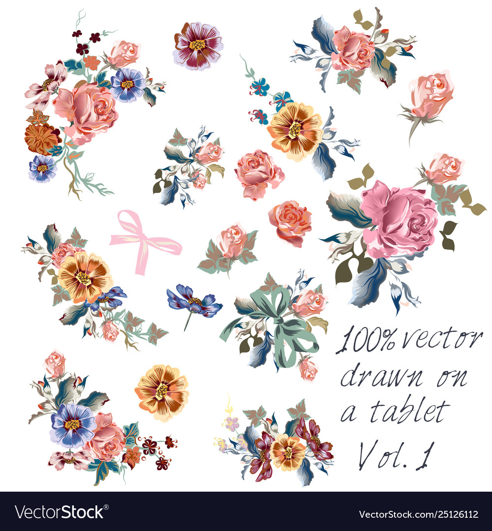 Collection Hand Drawn Flowers In Watercolor Style Vector Image