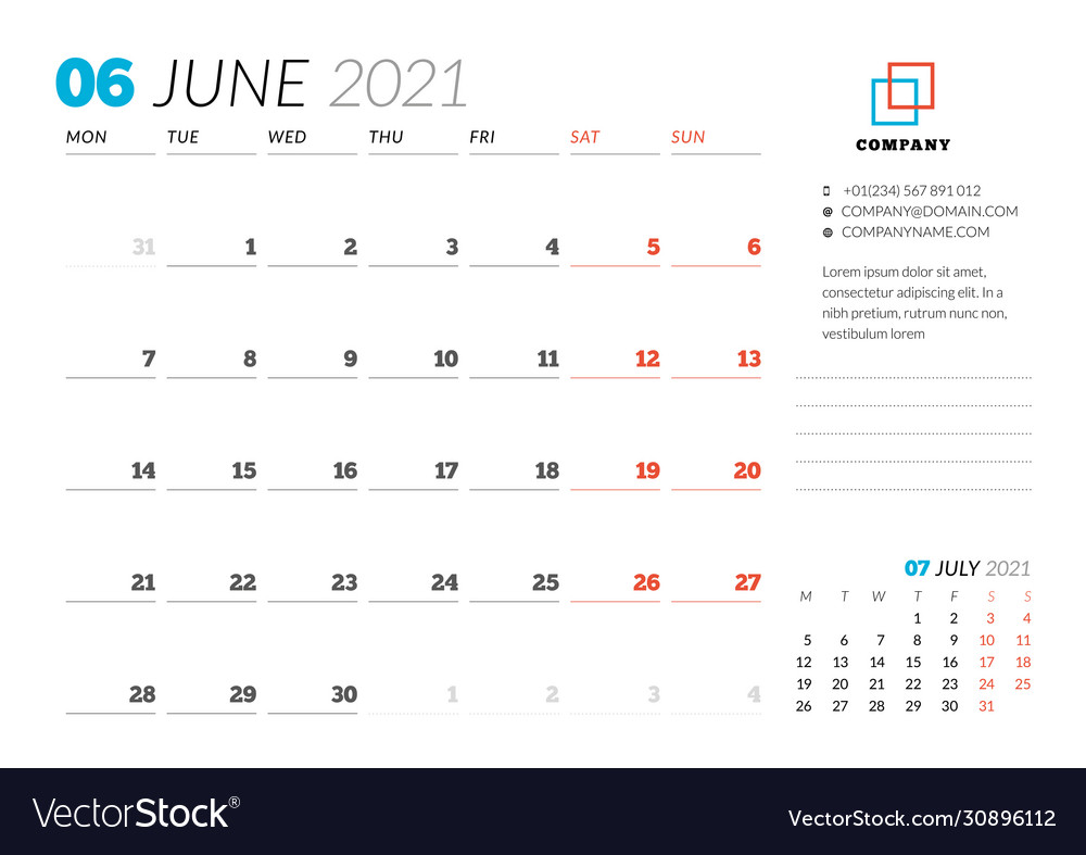 Corporate design planner template for june 2021