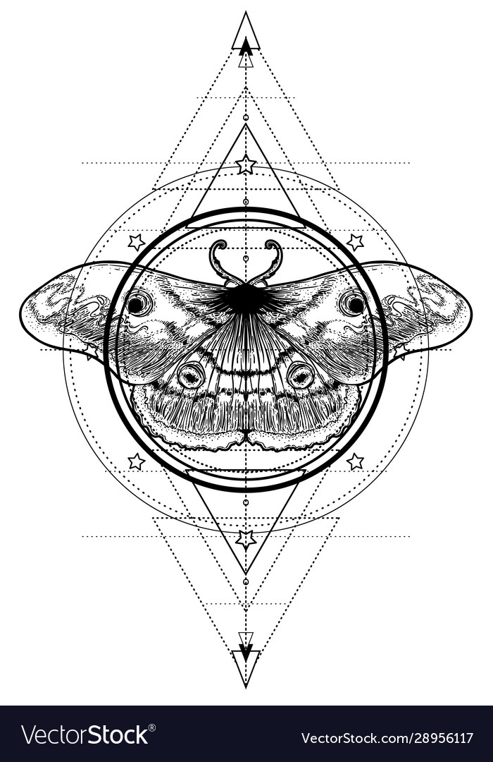 Schwarze und weiße Motte über heilige Geometrie Zeichen