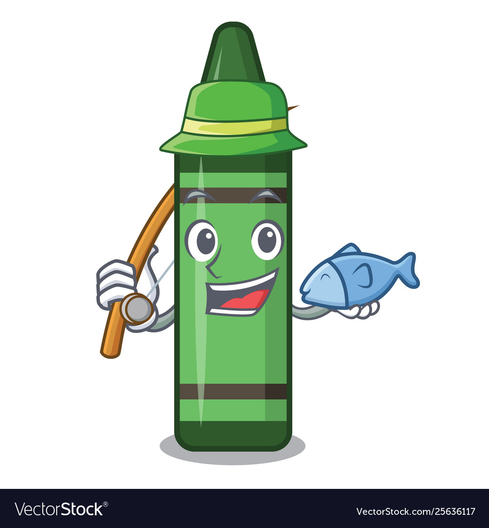 Fishing green crayon in mascot shape