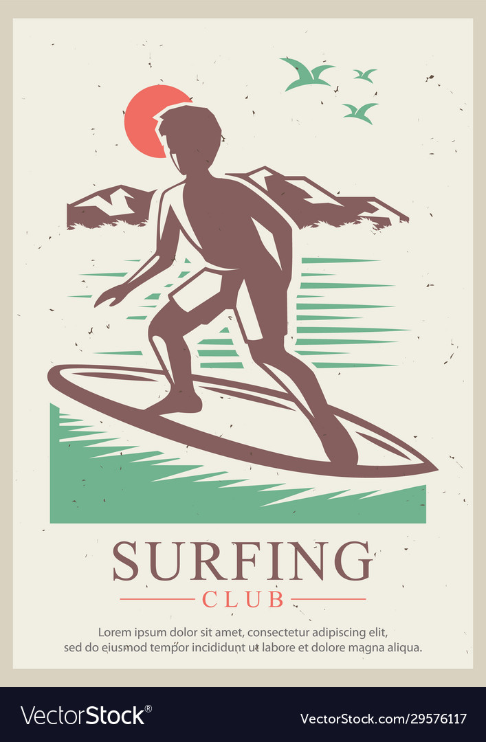 Surfing club retro poster design template vector image Surfing club retro poster design template