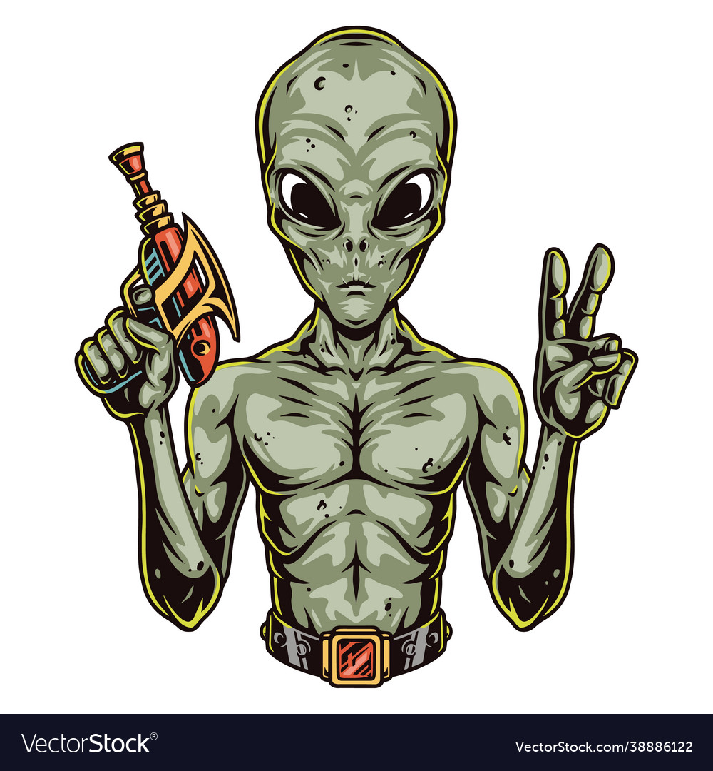 Colorful concept alien holding gun blaster Vector Image