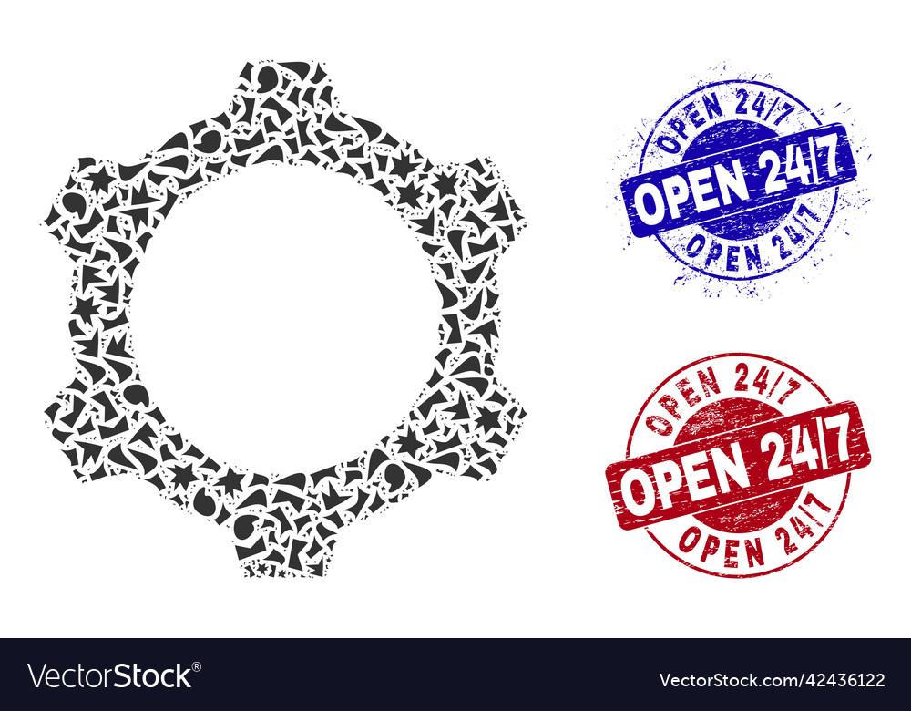 Gear mosaic of shards with open 24 - 7 textured