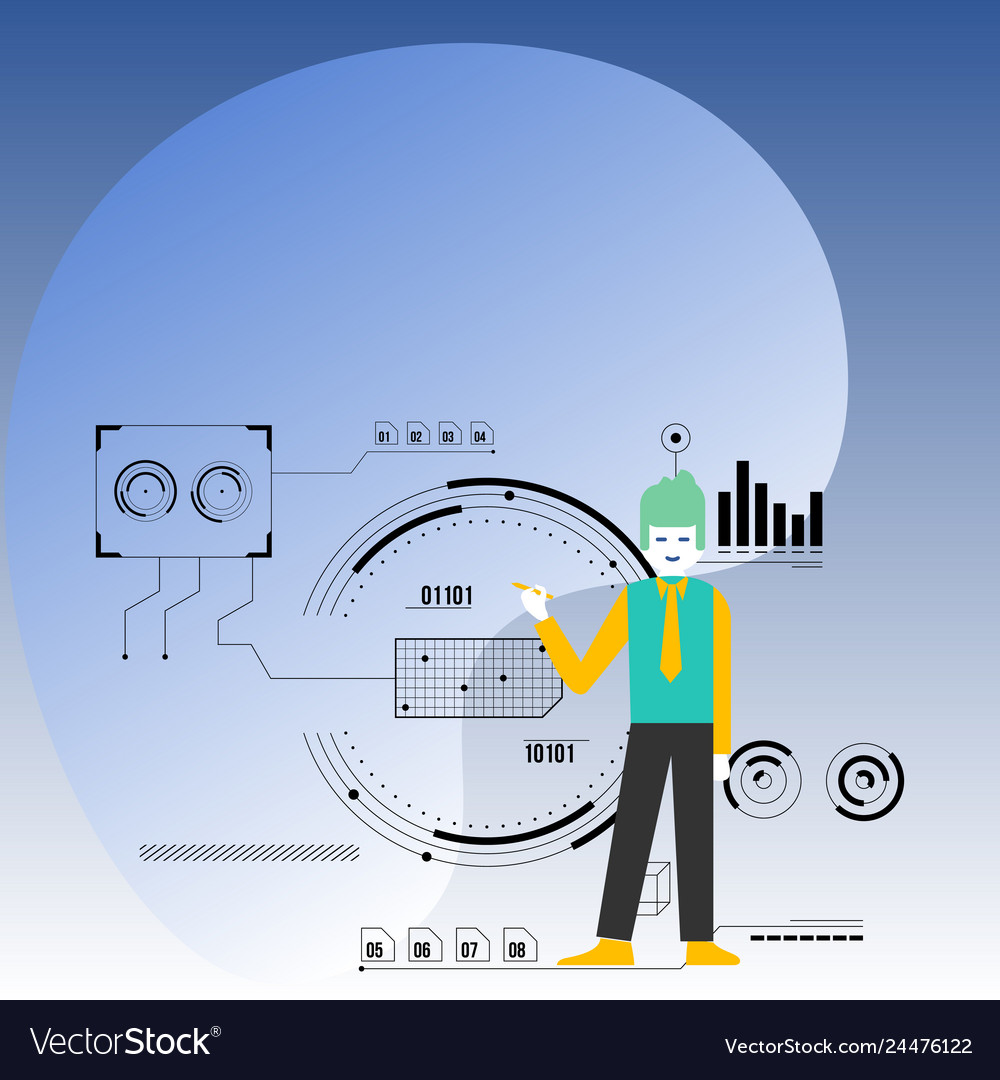 Man standing holding pen and pointing to chart Vector Image Man standing holding pen and pointing to chart