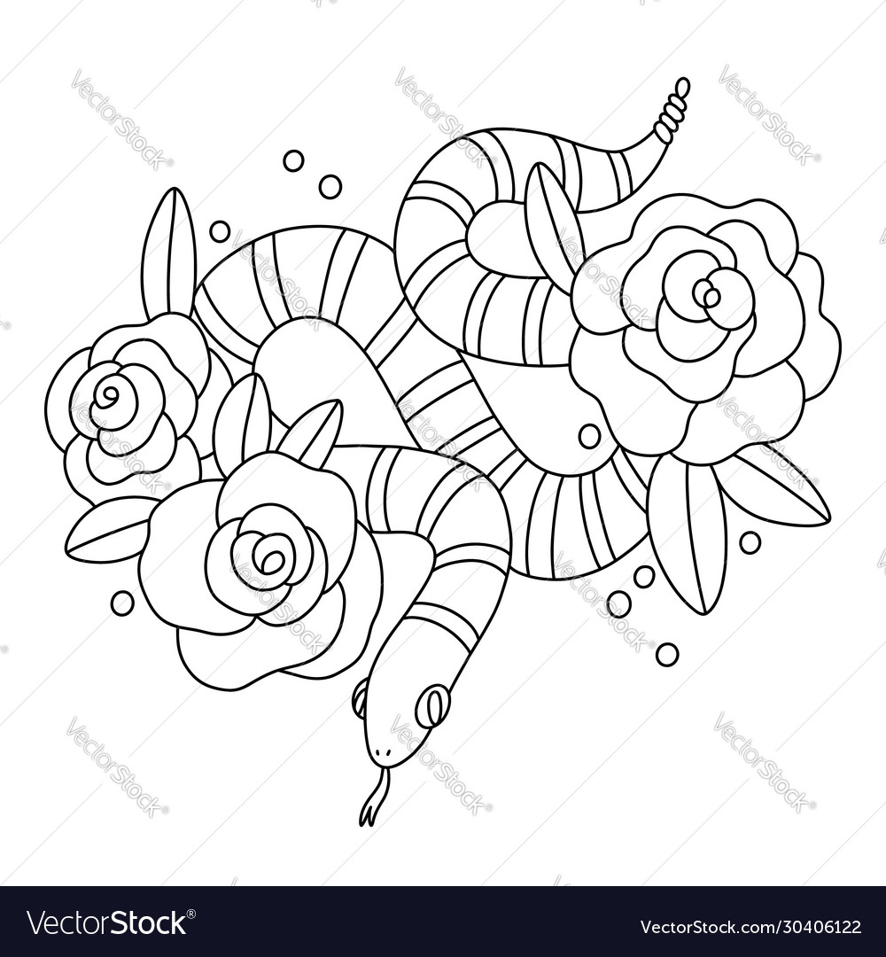 Snake with roses outline Royalty Free Vector Image