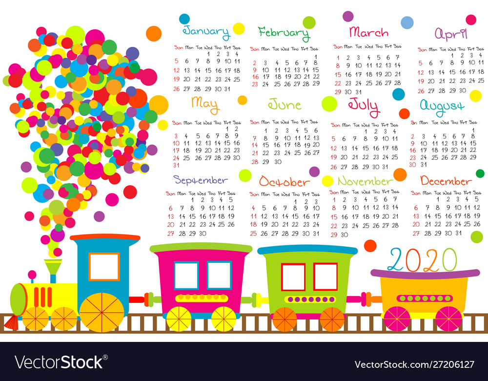 2020 calendar with cartoon train for kids