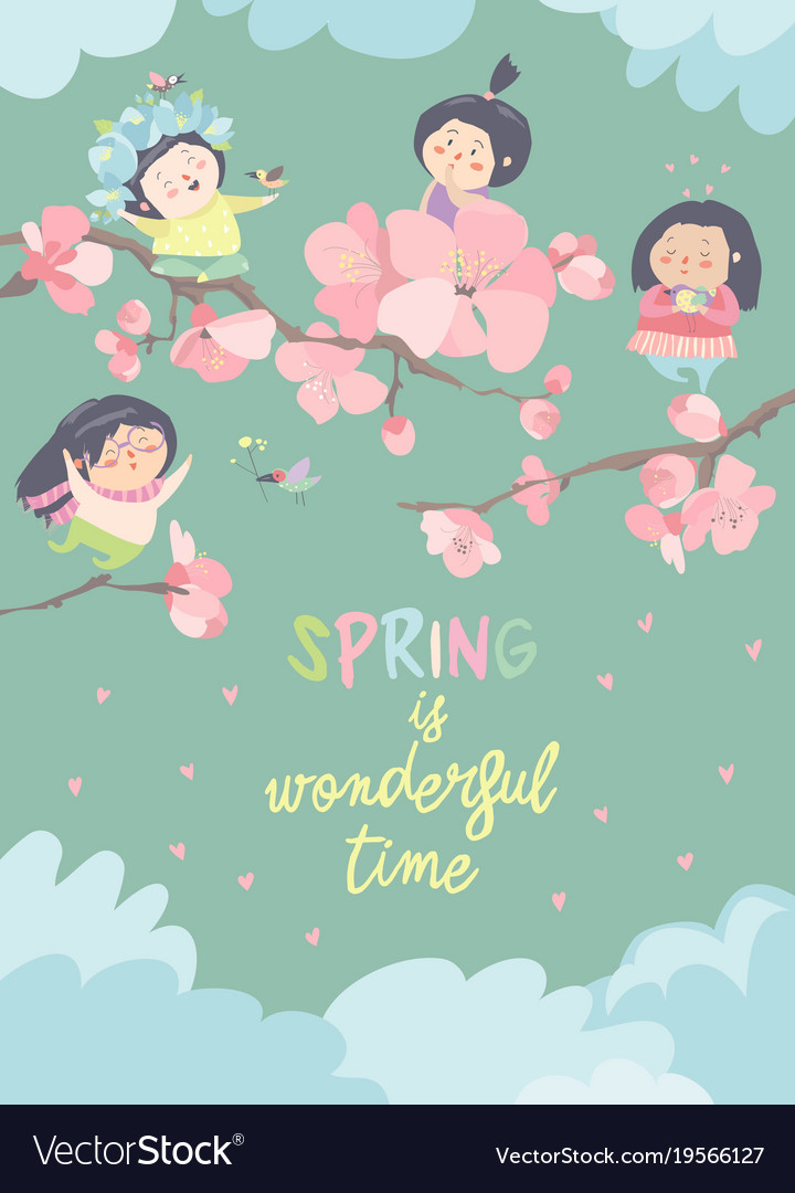 Cute little girls with cherry blossom