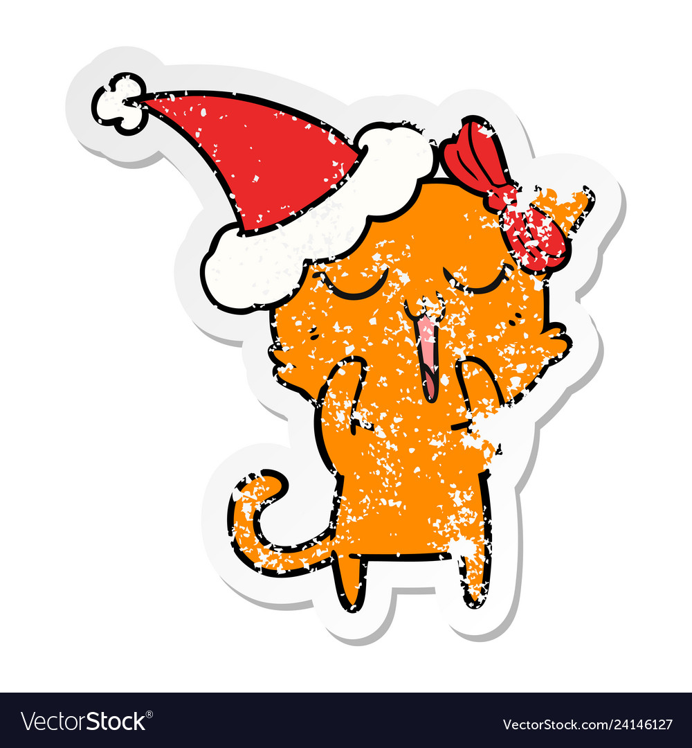 Distressed Aufkleber Cartoon einer Katze tragen Santa