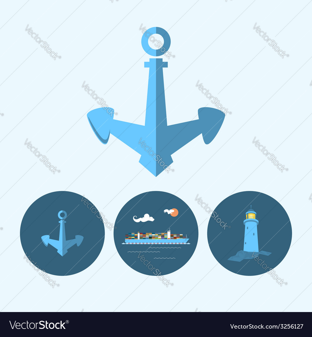 Set icon with anchor lighthouse container ship