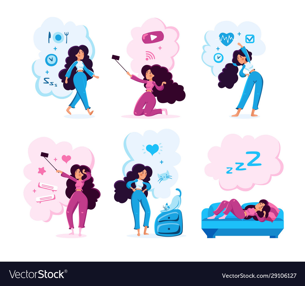 woman-in-daily-life-situations-flat-set-royalty-free-vector