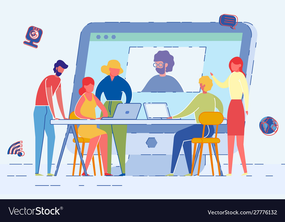 Computer screen with man using web cam on meeting