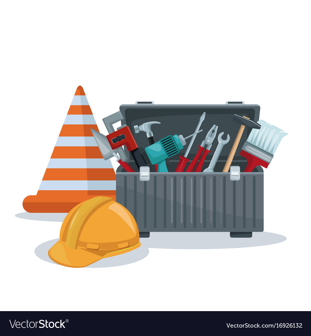 White background with toolbox and cone helmet