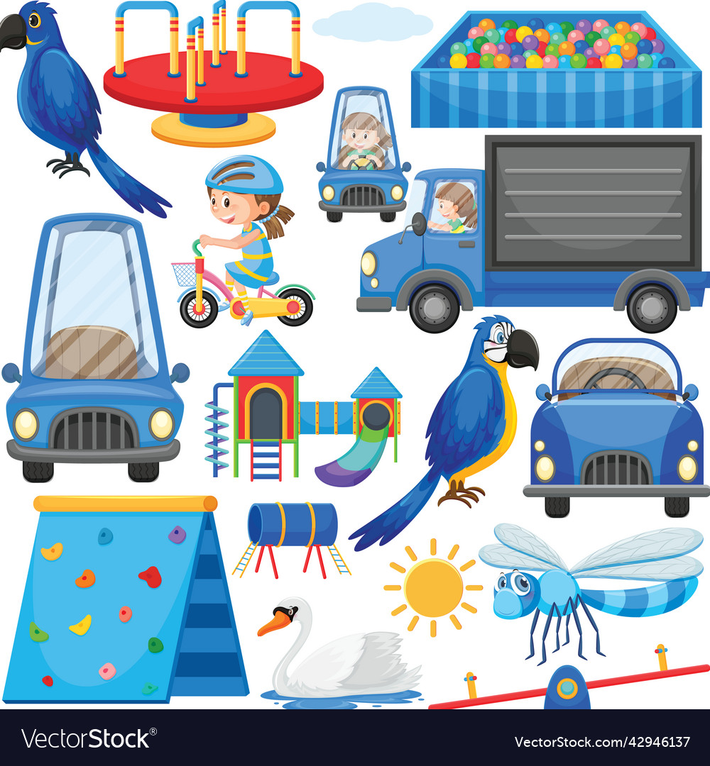 Set of different objects in blue vector image Set of different objects in blue