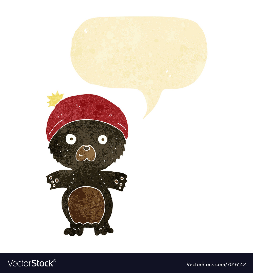 Cartoon cute black bear in hat with speech bubble