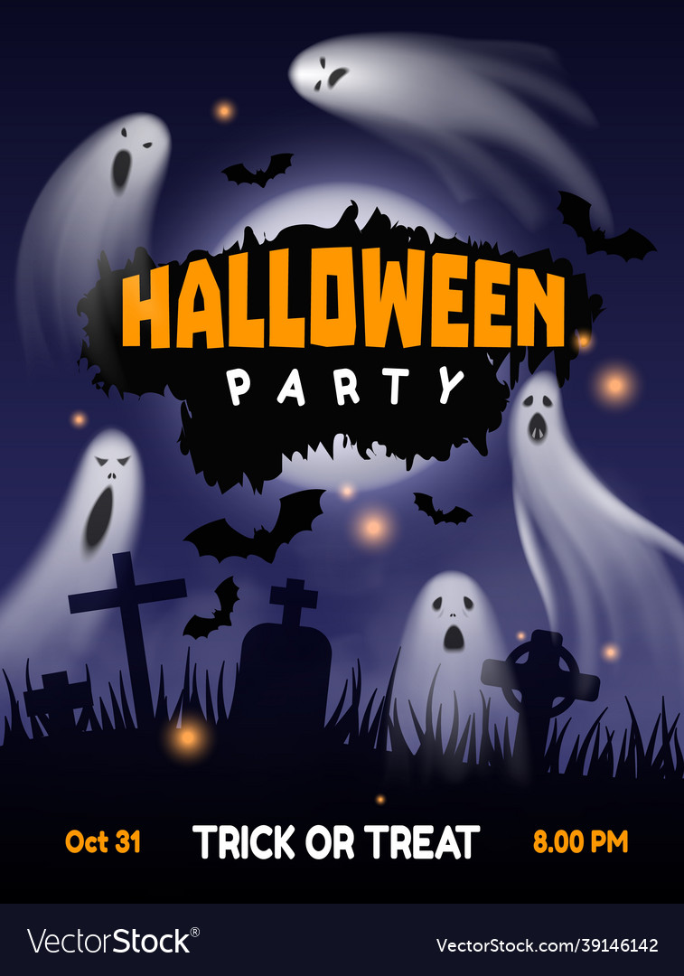 Halloween ghost party night cemetery background vector image Halloween ghost party night cemetery background