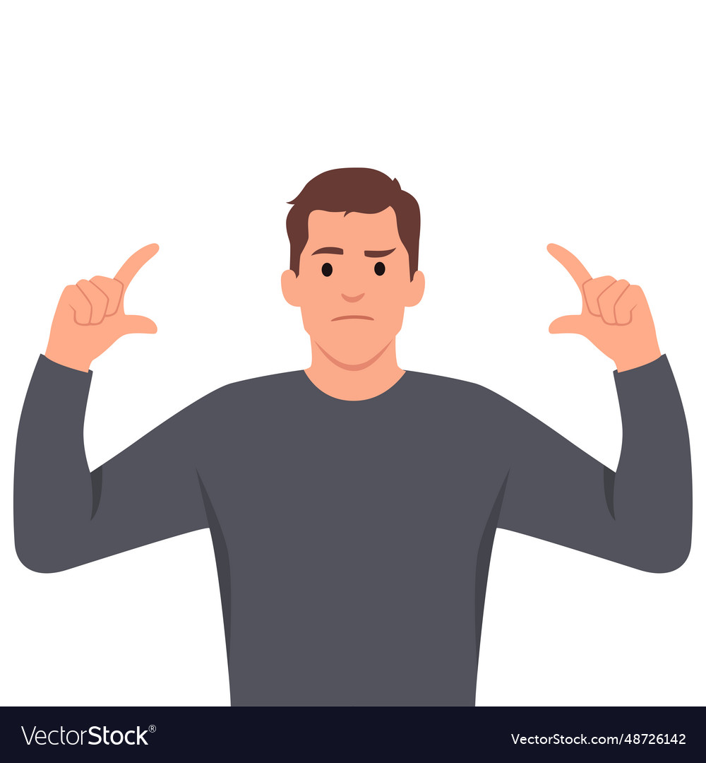 Young man raise hands arms asking how big Vector Image