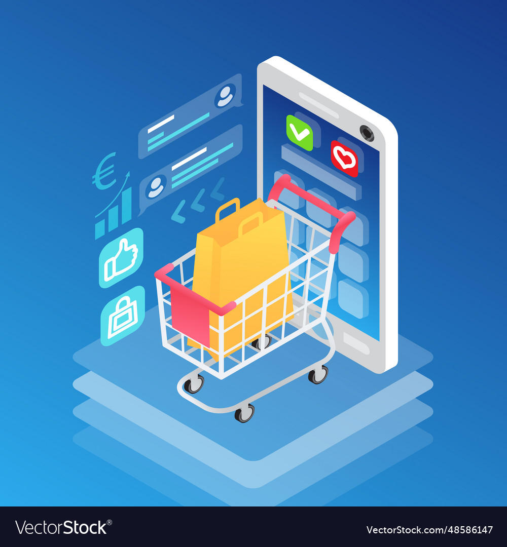 Isometric smartphone and shopping cart with bag