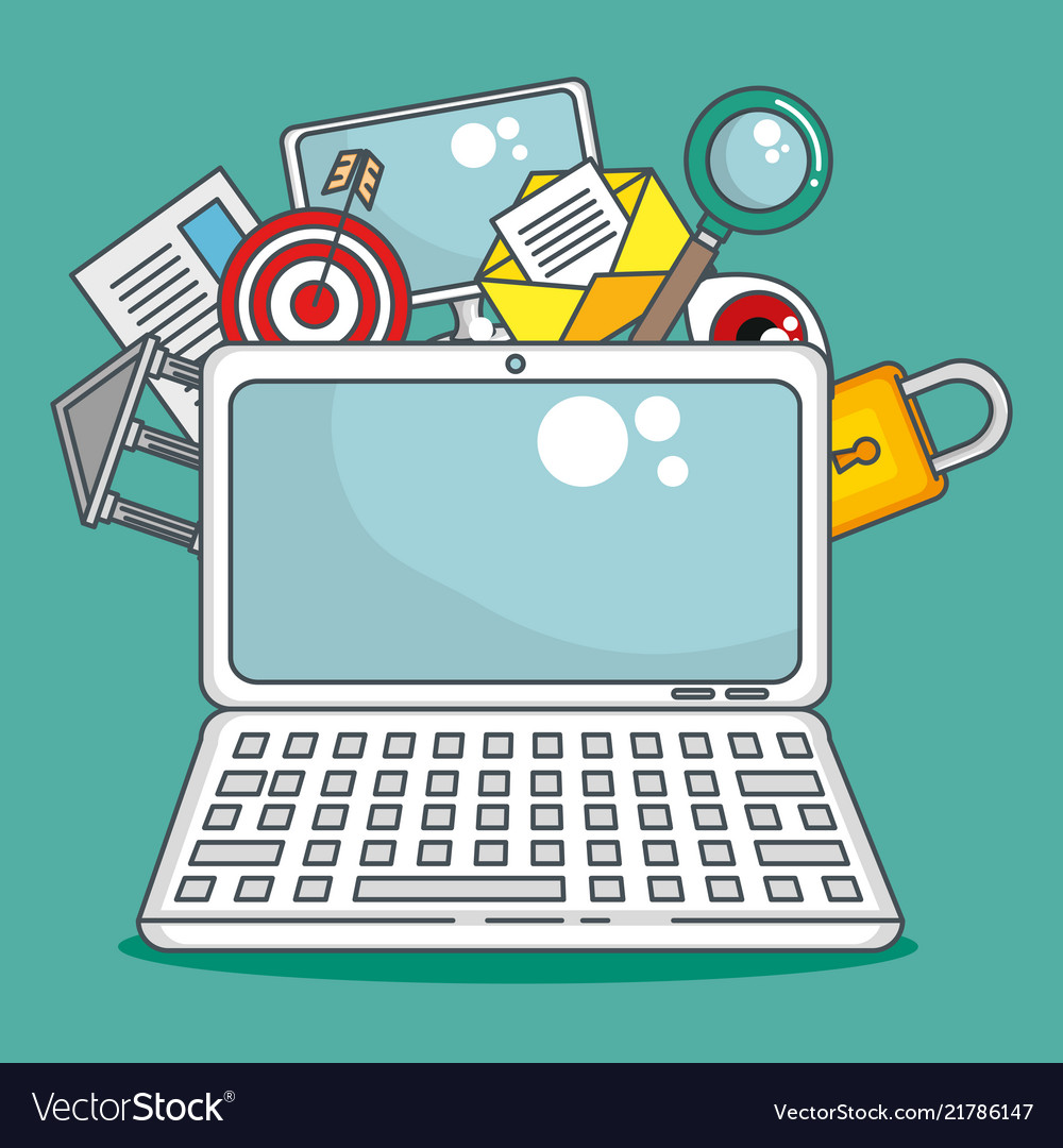 Laptop computer with data center icons vector image Laptop computer with data center icons