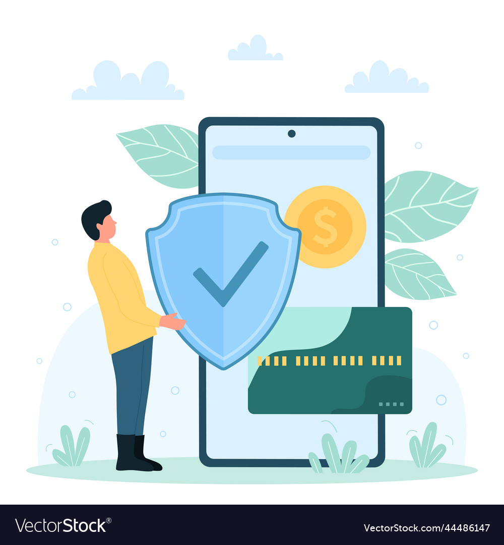 Secure payment in mobile app tiny man holding