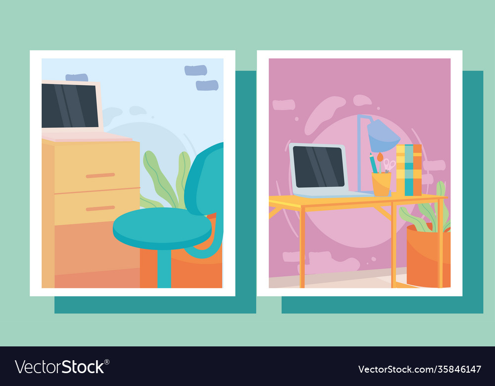 Workplaces set icons in frames design
