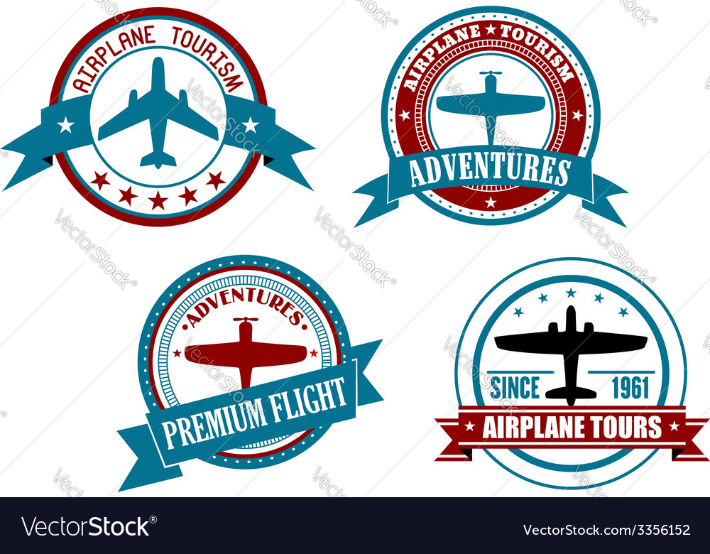 Airplane tours and adventures badges Royalty Free Vector