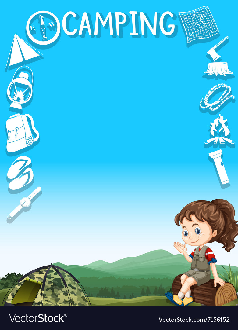 Border design with camping gears and girl Vector Image