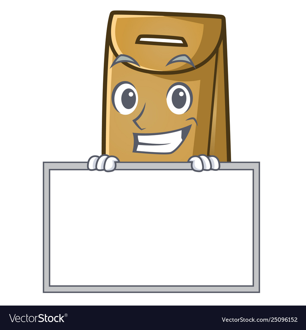 Grinning with board cartoon paper bag at table