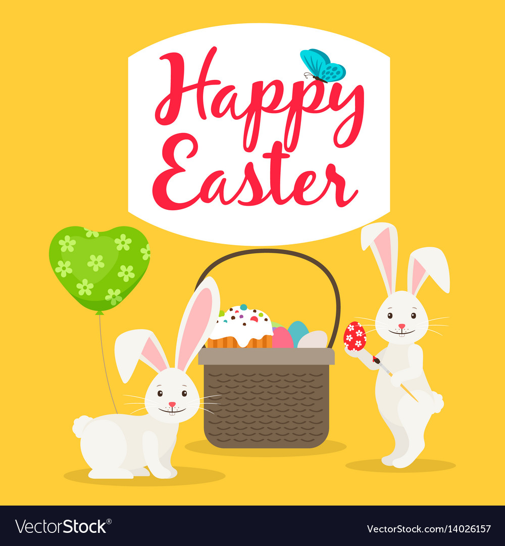 Easter basket and rabbits greeting card