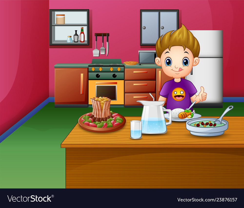Happy boy eating at the dining table Royalty Free Vector