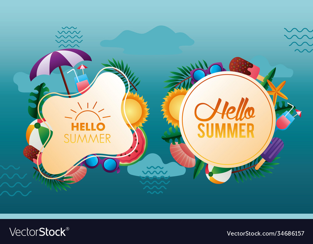 Hello summer season letterings with set icons