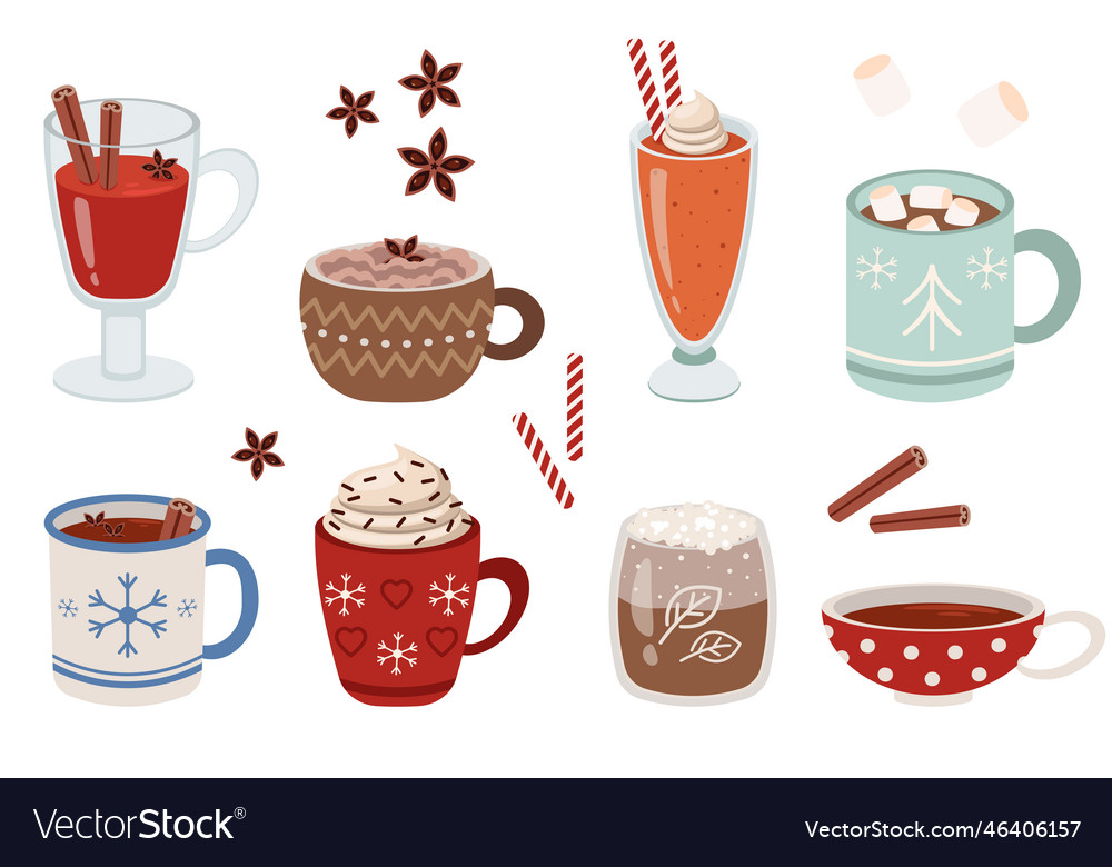 Mugs with warm winter drinks flat Royalty Free Vector Image