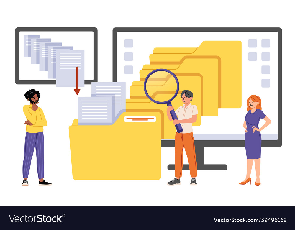Male and female office employees are searching vector image Male and female office employees are searching