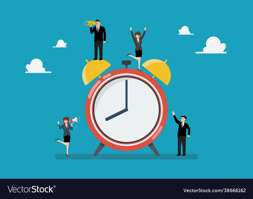 Tiny business people with alarm clock Royalty Free Vector