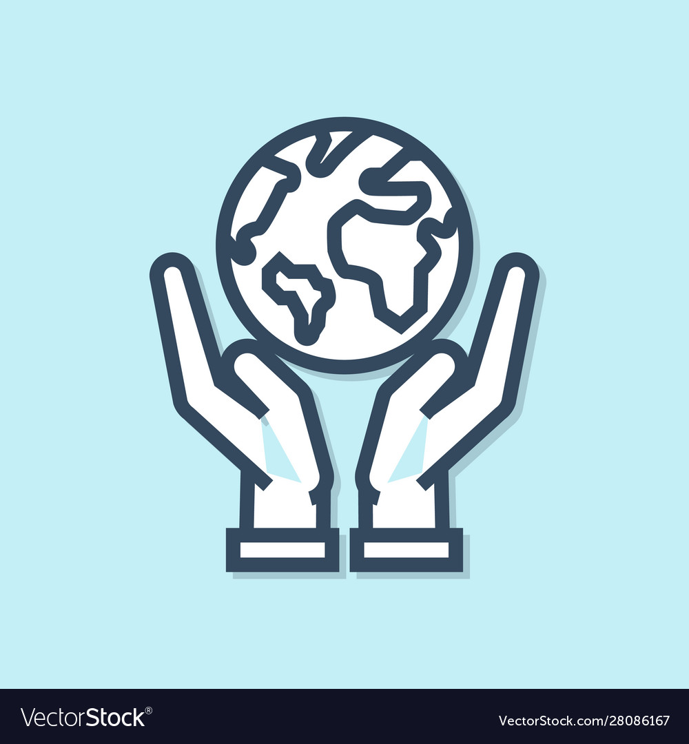 Blue Line Human Hands Holding Earth Globe Icon Vector Image