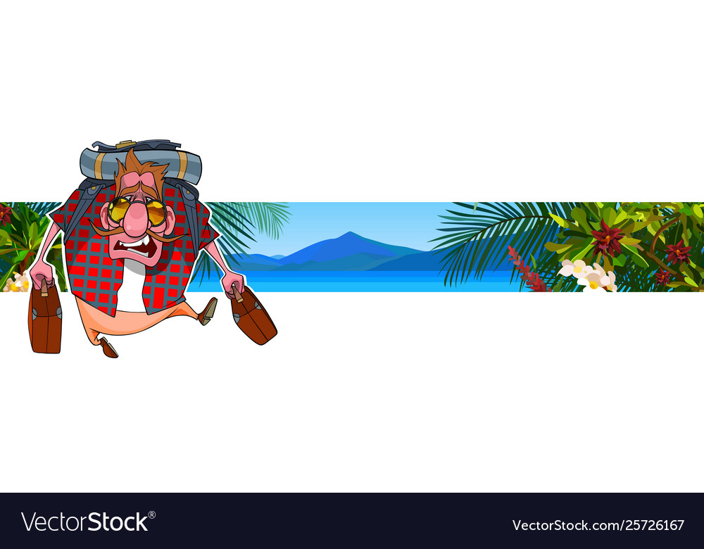 Cartoon tourist with suitcases against a tropical