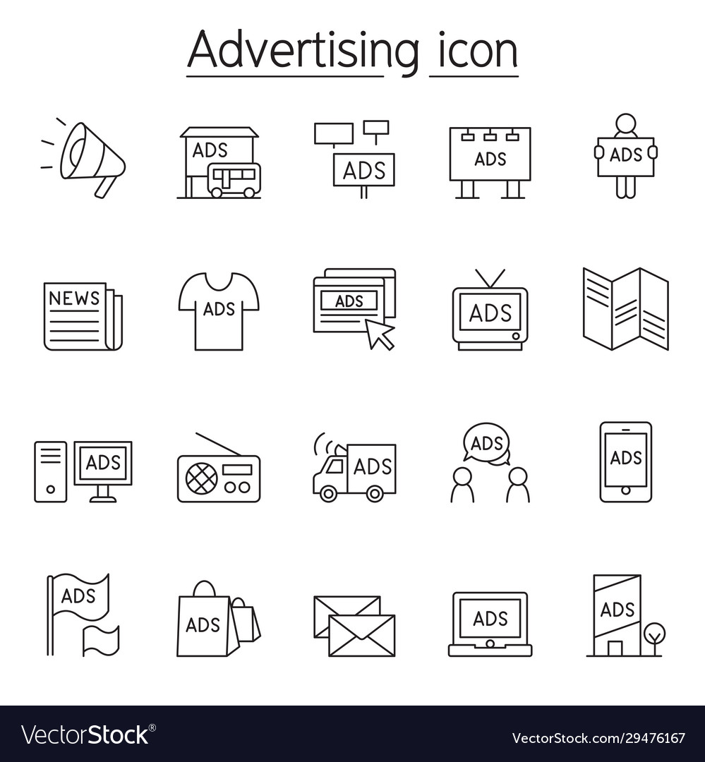 Thin Line Werbung Icon Set