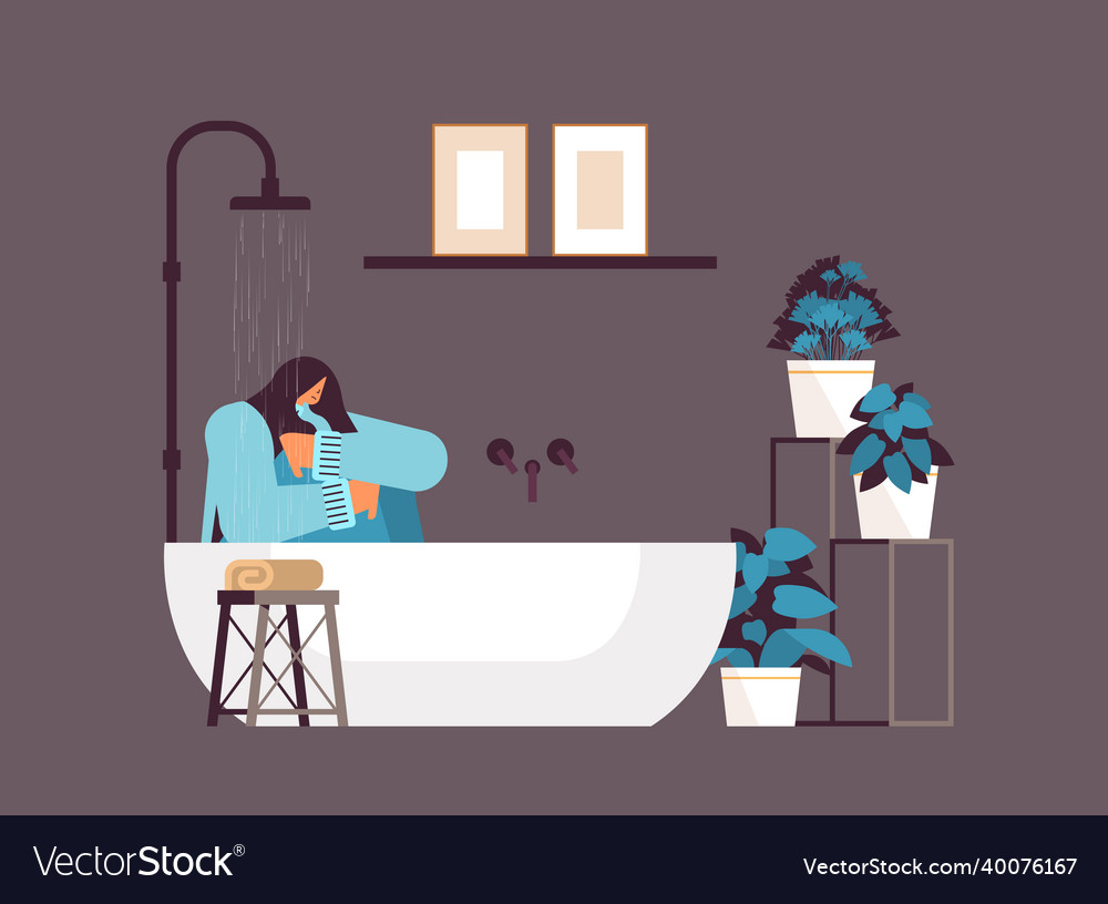 Unhappy depressed woman sitting in shower girl Vector Image