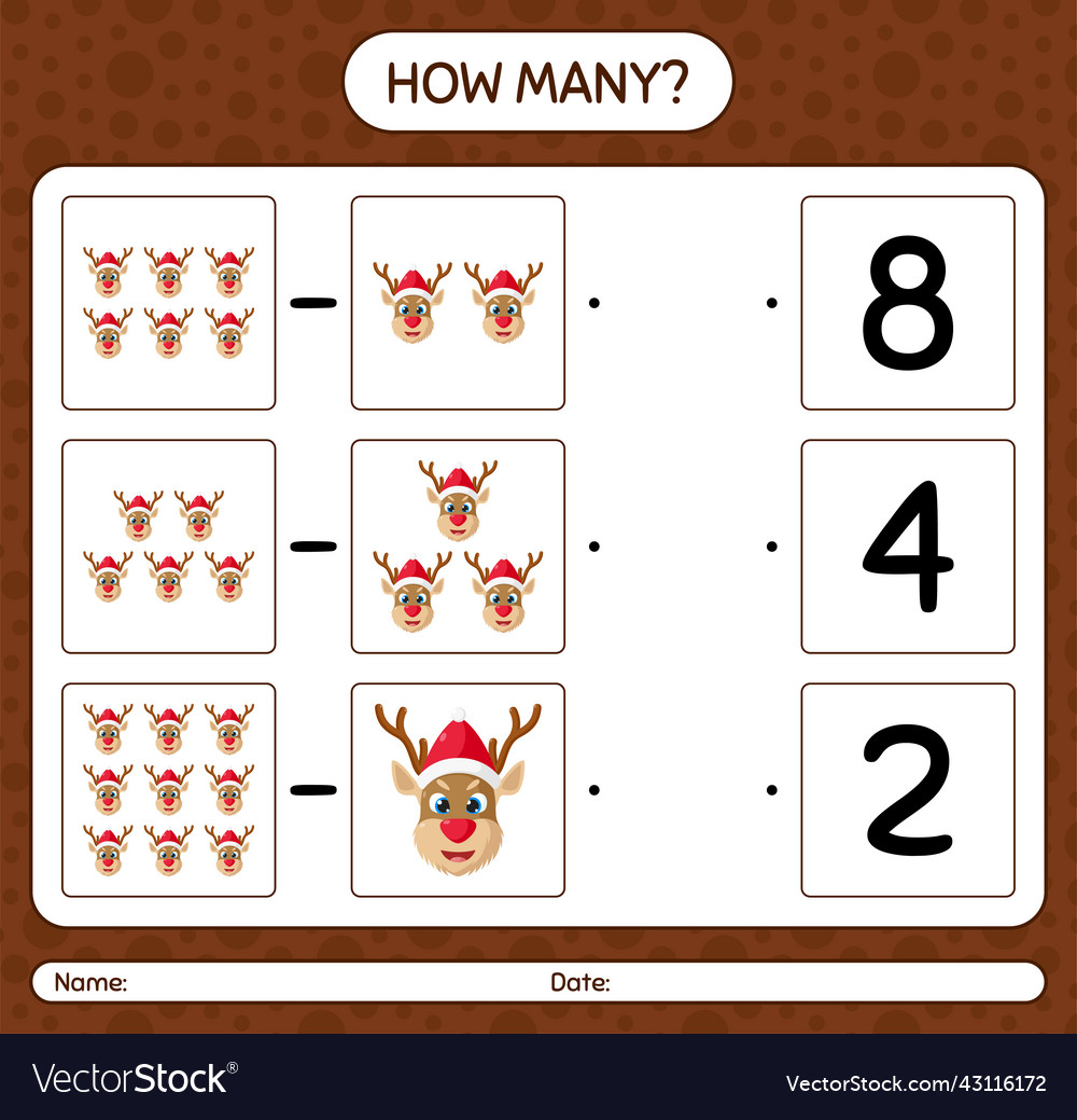How many counting game with reindeer worksheet Vector Image How many counting game with reindeer worksheet