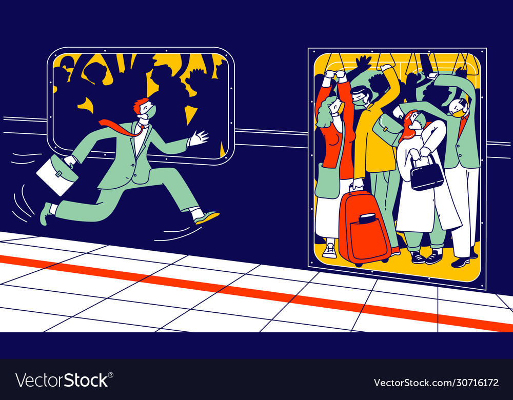 Man character in medical mask run in subway Vector Image