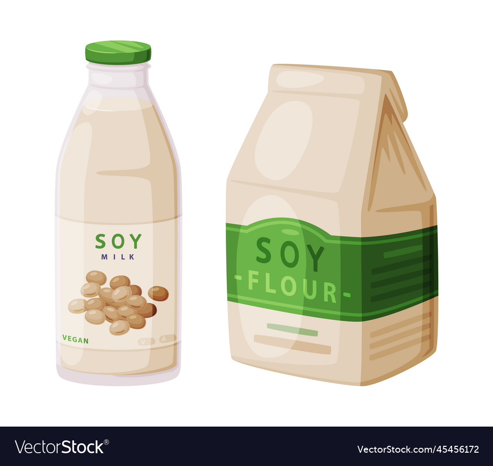 Sojamehl in Packung und Milchflasche als natürlich vector image Sojamehl in Packung und Milchflasche als natürlich
