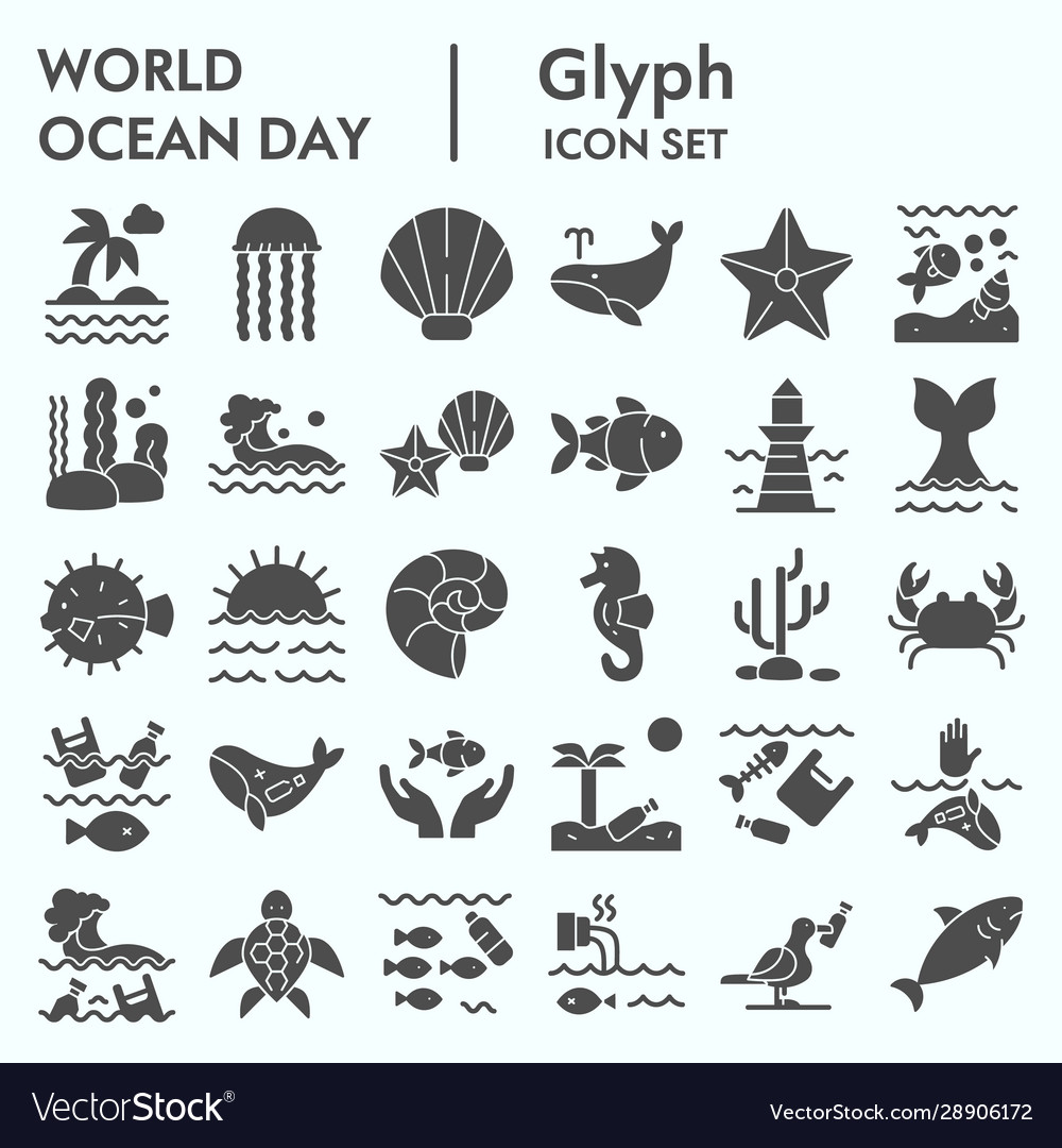 World ocean day glyph icon set water Royalty Free Vector