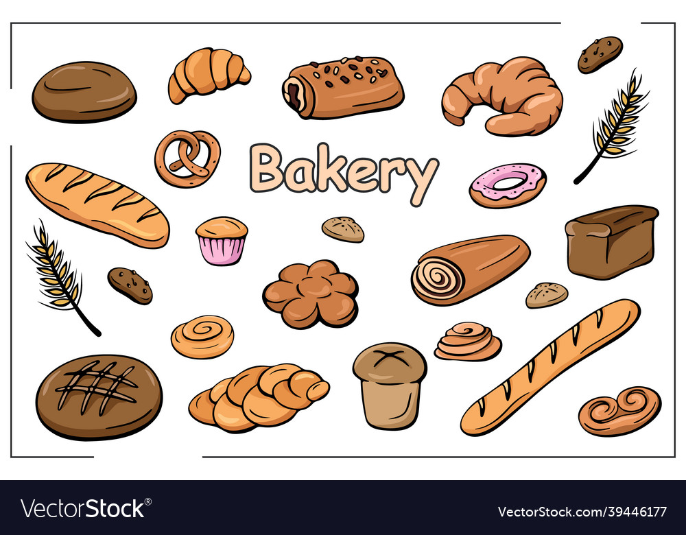 Color set of hand-drawn bread and bakery Vector Image